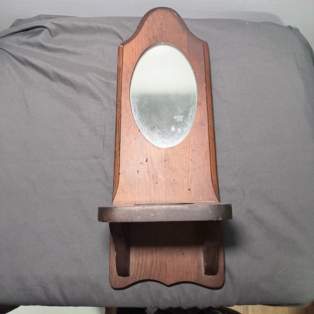Vintage Wooden Shaving Mirror with Shelf | Antique Wall Mount Grooming Mirror